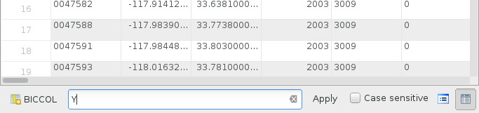 Screenshot of QGIS attributes table filtering "BICCOL = Y"